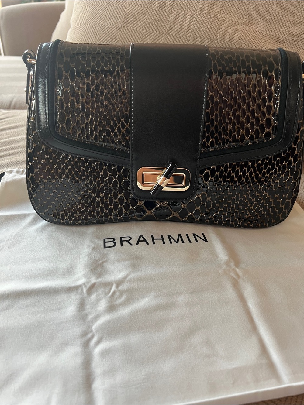 Brahmin Black and Brown Embossed Leather Shoulder Bag